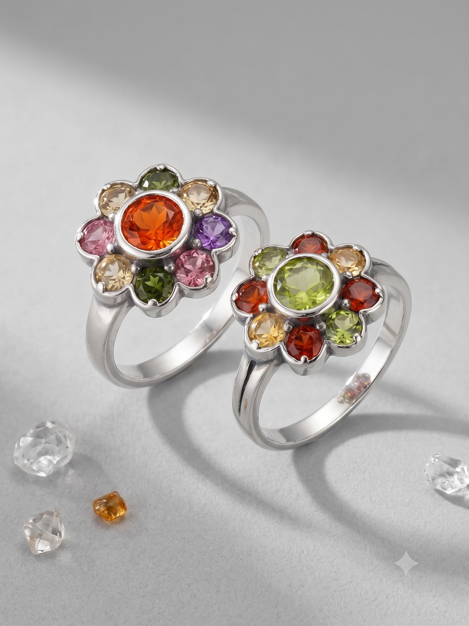 Vintage Floral Peridot & Garnet Cluster Ring in 925 Sterling Silver — image 2