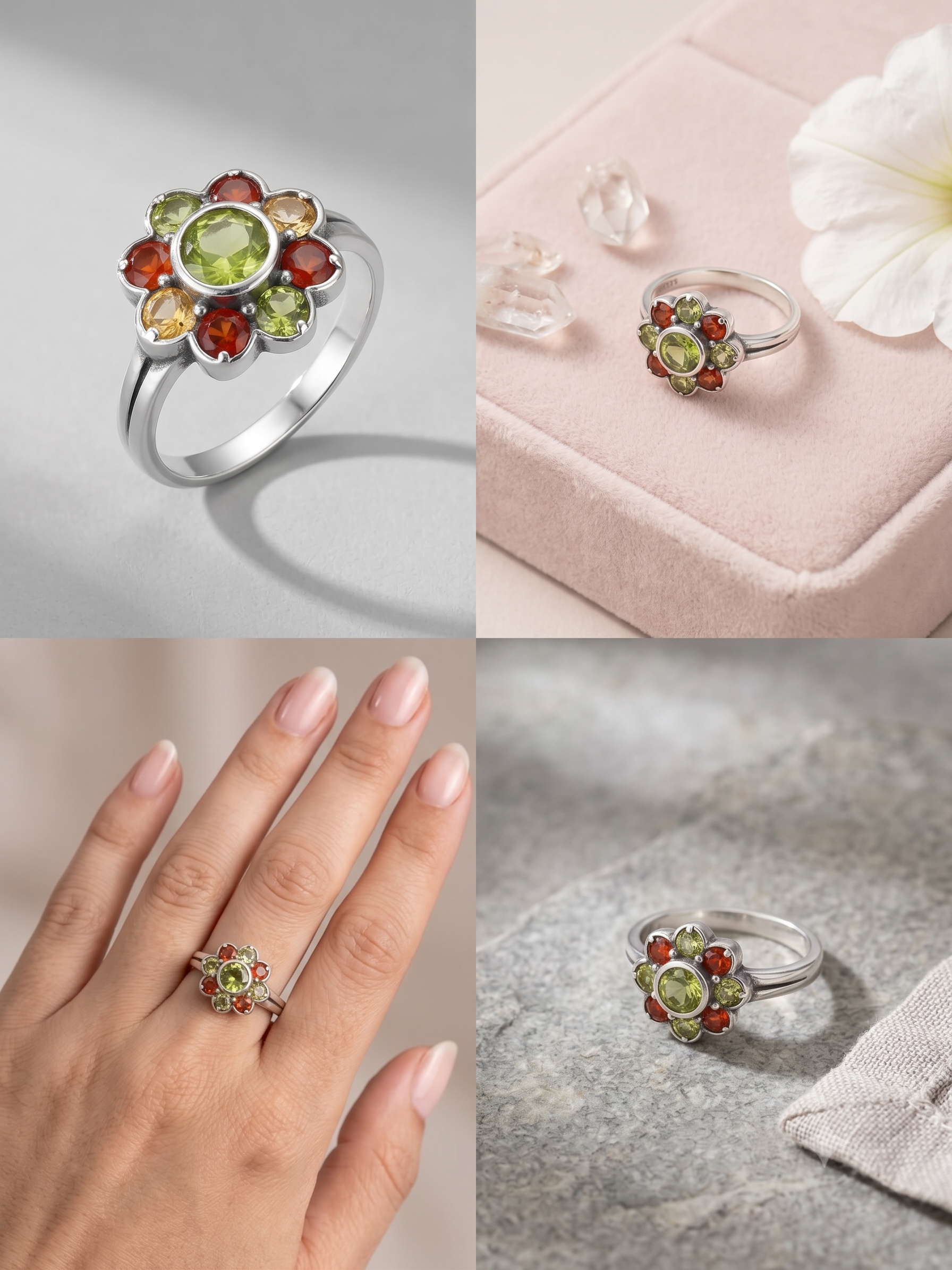Vintage Floral Peridot & Garnet Cluster Ring in 925 Sterling Silver