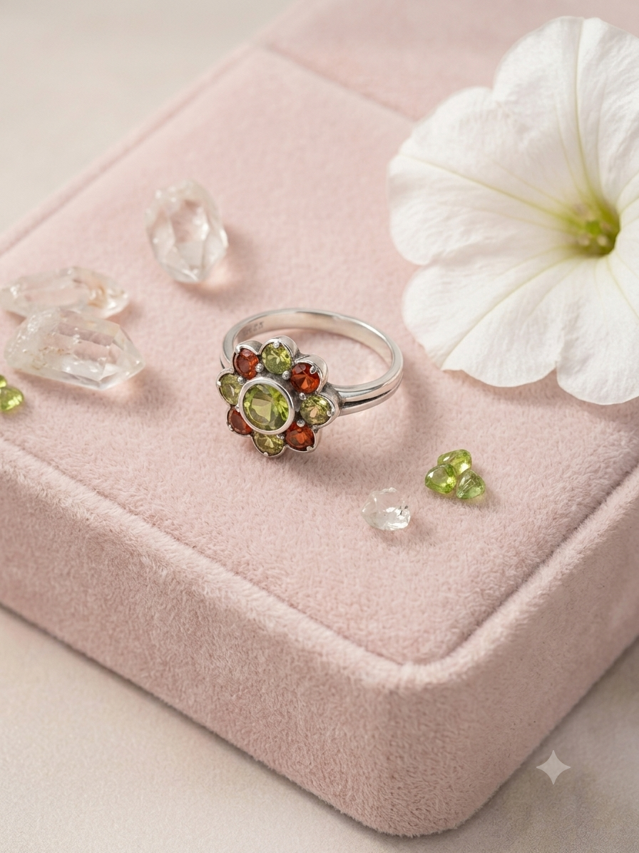 Vintage Floral Peridot & Garnet Cluster Ring in 925 Sterling Silver — image 3